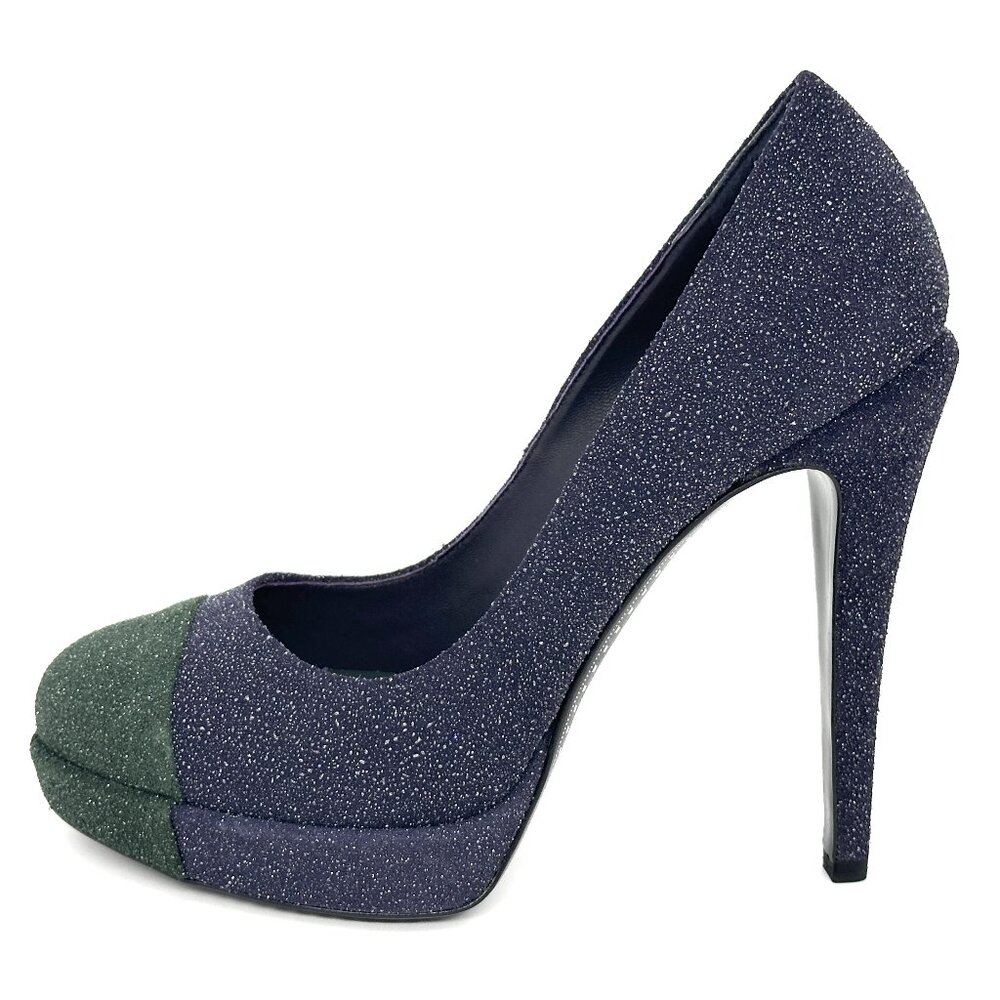 CHANEL 11A Glitter Leather Cap Toe Two Tone Platform Pumps Heels Shoes